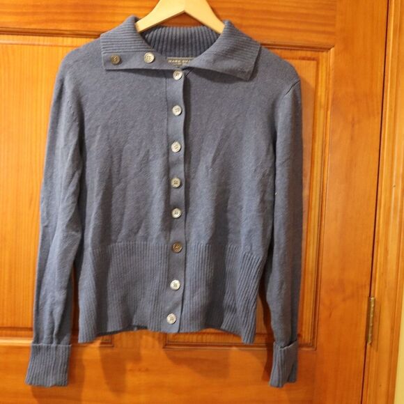Mark Shale Slate Blue Button-Front Turtleneck Cardigan 100% Cotton Large Classic - Picture 2 of 12